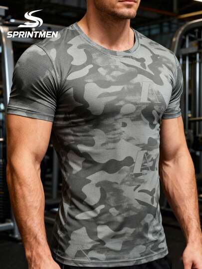 3pcs Men's Sports Short Sleeve T-Shirts, Ice Silk Breathable Crew Neck Camouflage Letter Print, Soft Comfortable Fabric, Fitness Workout Training Style, Machine Washable, Suitable For Men's Daily Fitness, Running, Sports Exercise In Summer