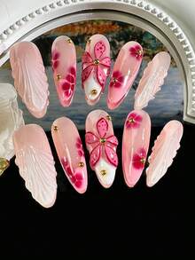 10pcs Handmade 3D Floral Nail Art, 3D Blooming Gel Wavy Almond-Shaped Press-On Nails, 3D Floral Nail Decor, For Women & Girls Daily Wear Nail Supplies - 杏色 - 查看 2