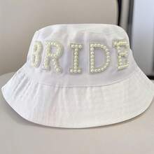 Faux Pearl Bridal White Bucket Hat, Summer Beach, Pool, Wedding, Engagement, Bachelorette Party, Weekend Bride Gift - White - View 2