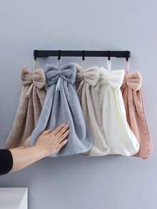 1/3包珊瑚绒创意条纹蝴蝶结柔软吸水手巾，带挂环