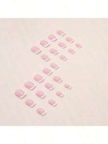 24pcs Short Shiny Coffin Nails Pink White French Fake Nails Reusable For Women. Press On Nails - Hồng - Xem 3