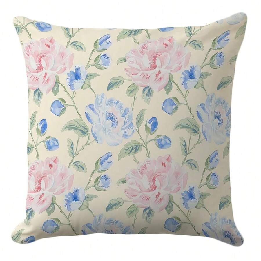 Floral Pillow Cover 18x18 – Vintage Peony Cushion With Large Pink And Blue Flower Print – Shabby Chic Throw Pillow Case For Sofa, Bed Or Cottagecore Decor - 牡丹 - 查看 1