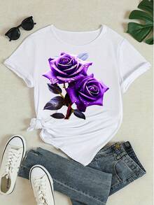 Camiseta de mujer de manga corta casual con estampado gráfico de rosas moradas, cuello redondo, top de verano, ropa urbana, blusa holgada de ajuste suelto - Blanco - Ver 4