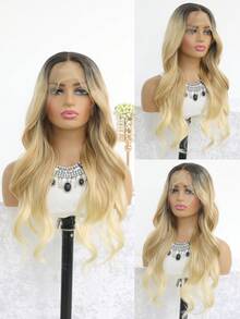 24 Inch Ombre Brown To Gold Lace Front Wig, Dark Roots, Long Wavy Curly Synthetic Lace Front Wig With Pre-Plucked Natural Hairline, Heat Resistant Fiber, Suitable For Daily Wear, Women - Blonde Ombre - View 12