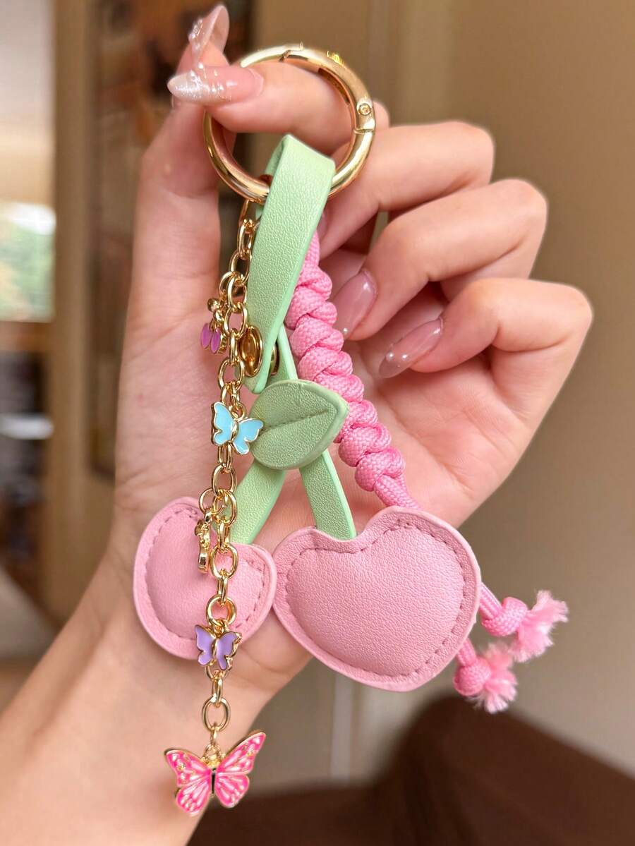 1pc Pink Cherry Leather Design Handmade Woven Rope Keychain, Bag Charm, Valentine's Day Gift