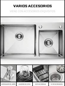Fregadero de cocina de doble cubeta en acero inoxidable 304, con grifo de tres funciones con dispensador de jabón y lavavasos. Combina una gran durabilidad con un toque de estilo contemporáneo para tu cocina (80 * 45 * 21 cm). - 80*45*21 cm - Ver 3