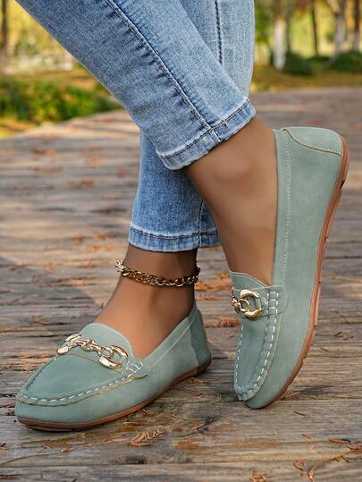 2025新款女士舒适平底便鞋，PU皮鞋面，金属扣装饰，橡胶鞋底，透气休闲乐福鞋，四季皆宜