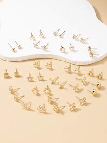 20 Pairs/Set Cute Star, Moon, Rhinestone, Bow, Flower, Heart Stud Earrings For Women, Daily Wear Gift - Yellow Gold - View 3