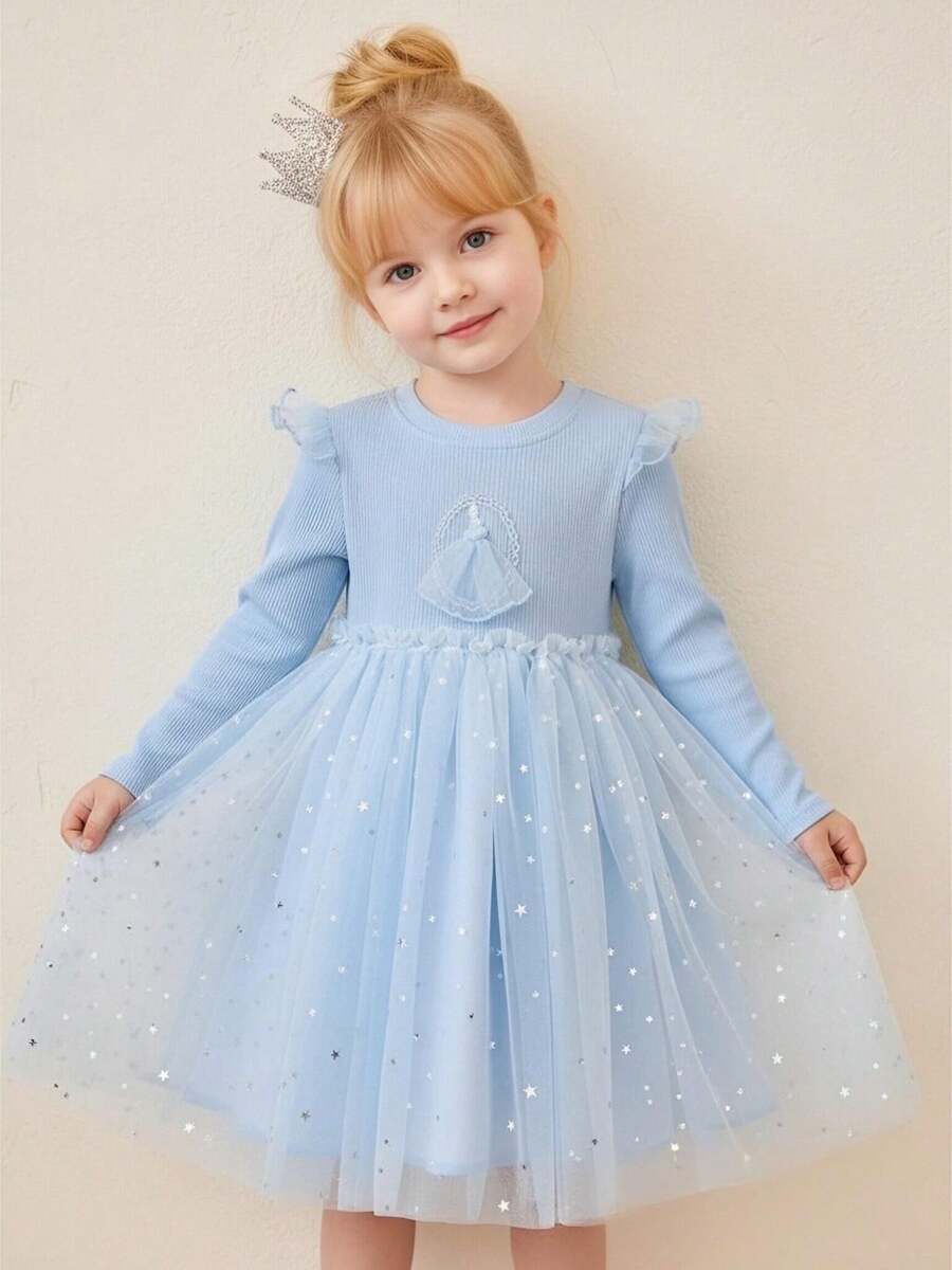 年轻女孩春秋卡通印花针织撞色网眼公主裙