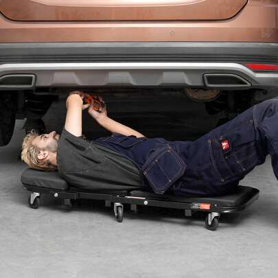 Pegable Z Garage Creeper,  40 in, 450 lbs, Capacidad de carga Rolling Folding Mechanic Creeper Stool, con 6 ruedas Bandeja de herramientas Marco de acero acolchado del asiento, Silla para sentarse o sentarse para la tienda de garaje o el hogar