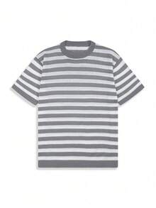 男士宽松休闲街头风圆领短袖针织衫，复古商务休闲风，春夏款 - 灰色 - 查看 1