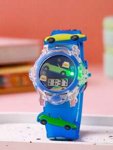 Children's Simple Cute 3D Car Print Strap Macaron Color Adorable Silicone Electronic Watch, Suitable For Birthday Gift, Halloween Gift, 1pc/Set - Blue - View 3