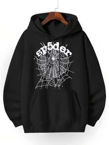 Oversized Hoodie For Women, Spider - Web Graphic, Cotton, Comfort For Fall And Halloween - màu đen - Xem 1