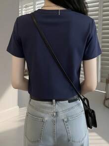 White Cropped Top, Sexy Style, New Summer Collection, Cropped, Short Sleeve T-Shirt, Printed Midriff-Baring Tee, Versatile Casual Women - Navy Blue - View 4