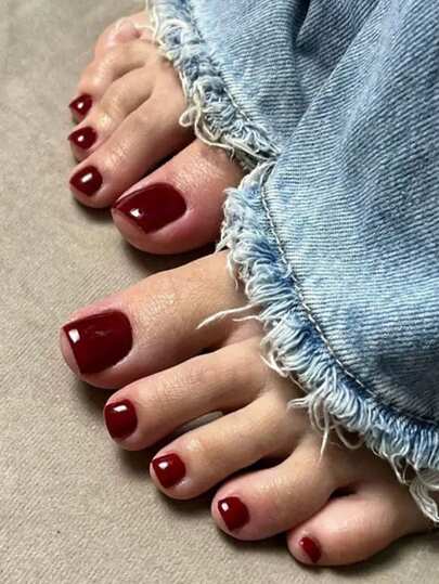 24pcs Minimalist Square Short Burgundy Red Nail Stickers, Reusable Toe Nail Wraps For Daily Wear, Dates, Afternoon Tea, Outings Nails Nail Supplies