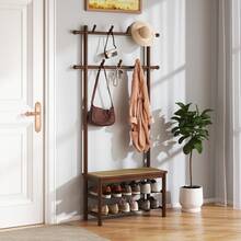 COSTWAY Bamboo Coat Rack, PE Rattan Hall Tree With Bench & Shoe Storage, 3-In-1 Entryway Bench With 2 Hanging Rods, 11 Hanging Hooks & Shelves, Brown - Brown - View 1