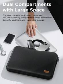 EAGET 15英寸防水笔记本电脑包，采用全覆盖超柔软内衬、双储物袋和加密牛津布面料——全方位保护，收纳有序，适用于MacBook、iPad、HP Chromebook、Surface笔记本电脑、笔记本电脑公文包等。 - 黑色 - 查看 3