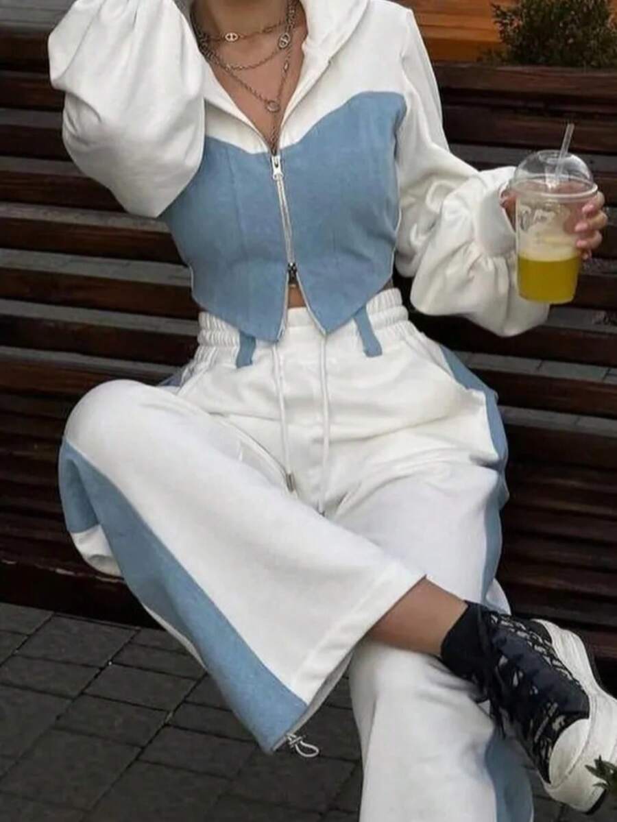 Zip-Up Crop Jacket & High-Waist Straight-Leg Pants Set - 白色 - 查看 1