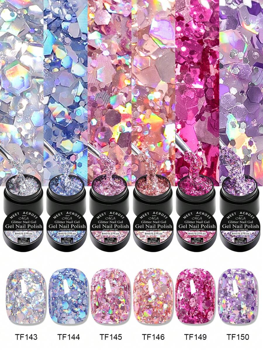 MEET ACROSS 6pcs/Set 8ml Colorful Glitter Gel Nail Polish, Holographic Laser Shiny Semi-Permanent Removable UV Gel Nail Polish, DIY Home & Salon Manicure Supplies - Multicolor - View 1
