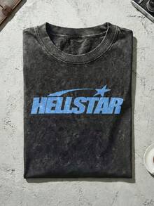 Blue Shooting Star Logo Graphic Tee Unisex Couple Matching Boyfriend Style Hell Star Double Sided Print Electric Color Y2K Aesthetic Acid Washed Cotton Graphic Tees Men Oversized T Shirt Summer Outfits Camisetas Para Hombre - màu đen - Xem 3