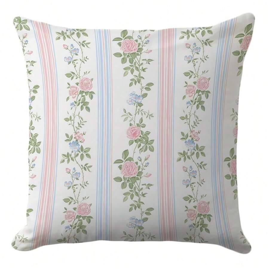 Floral Pillow Cover 18x18 – Classic Vintage Rose Cushion With Striped Blossom Pattern – Shabby Chic Throw Pillow Case For Sofa, Bed Or Cottagecore Decor - 經典玫瑰 - 查看 1