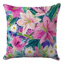 Floral Pillow Cover 18*18 – Watercolor Pink Flower & Daisy Cushion With Green Background – Vibrant Boho Decor For Couch, Bed, Patio Or Coastal Living Room (Insert Not Included) - 綠粉紅色 - 查看 2