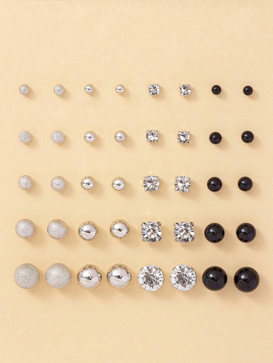 20pcs/Set Assorted Size Round Rhinestone Earrings Set, Suitable For Beach, Everyday Wear, Vacation, Holiday Gift For Women - Silver - View 1