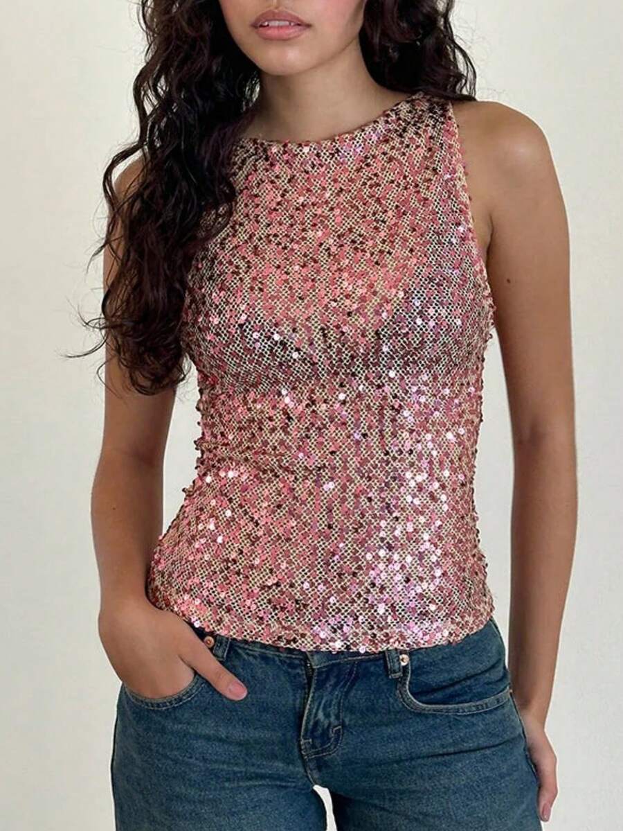Women's Sequin Tank Tops,Slim Fit Sheer Knitted See Through Tops,Crew Neck Sparkly Camisole Vest Glitter Crop Tank,Stylish Solid Color Casual Sleeveless Vest,Y2K Teen Girl Going Out Mesh Party Shirt Streetwear,Rave Outfits,Suitable For Birthday/Dating/Daily Shopping/Concert/Brunch/Daily Wear/ Summer Vacation - Hồng - Xem 1