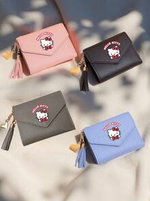 可爱流苏吊坠装饰钱包，仿皮多功能短款钱包，可爱零钱包翻盖卡包信封包，是送给女孩和青少年的完美圣诞礼物，适合日常使用、上学和办公。