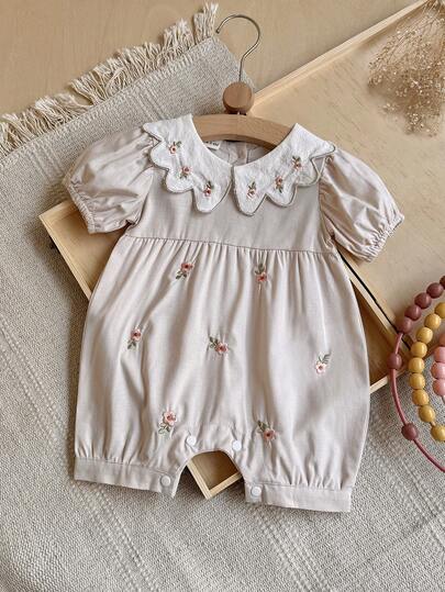 رومبير رضيع بنات مطرزة بالزهور، أكمام قصيرة، وردي فاتح، للربيع/الصيف