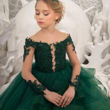 1pc Princess Long Sleeve Flower Girl Dresses Appliques Ruffles Tulle Pageant Dresses For Girls Kids Party Ball Gowns,First Communion Dress,Tween Girls Princess Dress,Birthday,Wedding Or Photoshoot Outfit,Dance Performance Dress,Piano Performance Dress,Perfect For Shows,Birthday Parties,Vacations,Pageant,Prom Dress - 黑色 - 查看 3