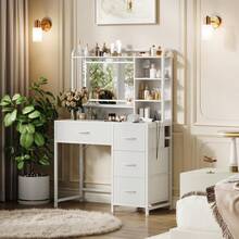 Mesa de Maquillaje con Espejo Cuadrado, Mesa de Tocador Moderna de 35.4" con Estantes y 4 Cajones de Tela, Mesa de Maquillaje para Dormitorio, Regalo Ideal para Niñas - Blanco - Ver 6