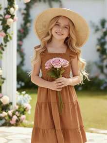 少女纹理面料方领短袖收腰休闲度假连衣裙，春夏款 - 棕色 - 查看 7