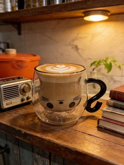 1 pieza Taza de vidrio de doble capa con diseño creativo de gato, taza de café resistente al calor, taza de leche, taza de agua con lindo diseño de gato de dibujos animados, adecuada para café, desayuno, té de la tarde, leche, uso doméstico, regalo encantador para mujeres, regalo de cumpleaños