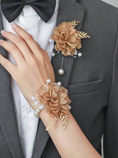 1pc/2pcs Coffee Rose Flower With Golden Leaves & White Beads Elegant Brooch And Pearl Wrist Corsage, Suitable For Groom, Bride, Groomsman, Bridesmaid, Wedding Decoration, Party, Banquet, Travel Souvenir