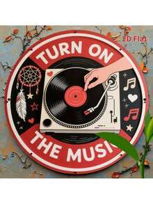 Vintage Metal Tin Sign, Retro Round Turn On Music DJ Turntable Wall Decor, 7.8 Inch 2D Flat Art For Home Garage Cafe Patio Porch - 彩色 - 查看 5