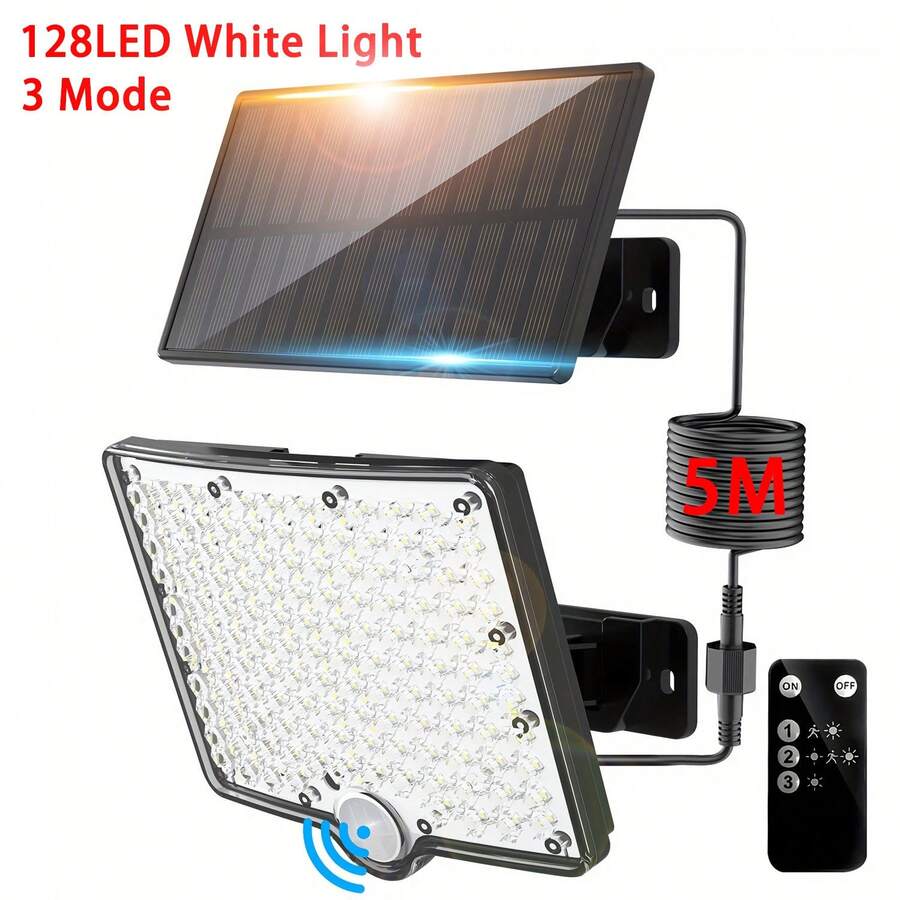 128 LED Solar Powered Motion Sensor Spotlight, With Remote Control, 3 Lighting Modes, IP65 Waterproof, 5M Cable, Easy Installation, Suitable For Yard, Garden, Pathway Lighting, Halloween, Christmas, Father's Day Gift