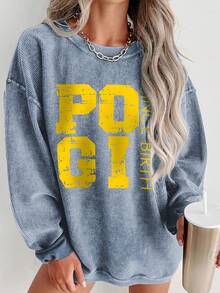 Valentine Outfits For Women, POGI Since Birth Graphic Print, Casual Crew Neck Sweatshirt, Cozy Streetwear,  Everyday Style,Essentials Hoodie,Summer Outfits For Women,Spring Tops - 藍色 - 查看 7