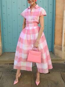 Elegant Checkered Shirt Midi Dress - 粉色 - 查看 1