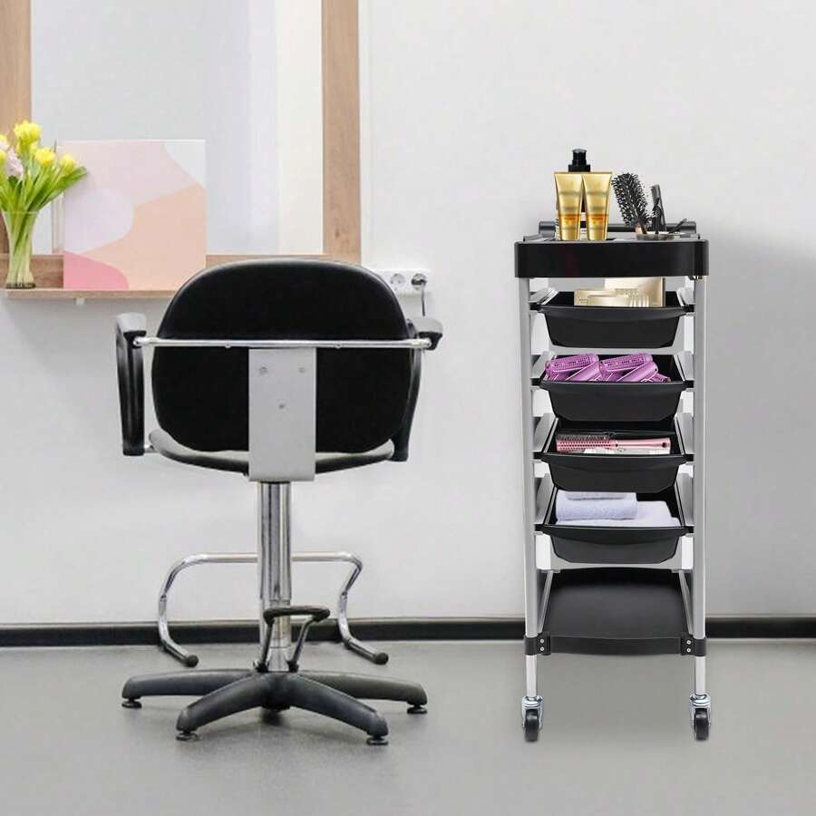 SENDERPICK Multi-Functional Salon Trolley Hairdressing Shelf With Wheels Salon Trolley 6-Tier Drawer-Type - White and Black - View 1