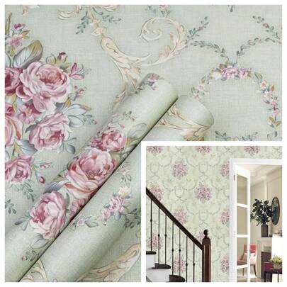 1 Roll Of Green Floral Retro Wallpaper, Green Damascus Wallpaper, Detachable Contact Paper, Self-Adhesive Victorian Era Paper, Suitable For Shelves, Kitchens, Living Rooms, Bedrooms, Bathrooms, Home Decoration Stickers Kitchen Stickers 17.7inx39.3/118.1/196.8in