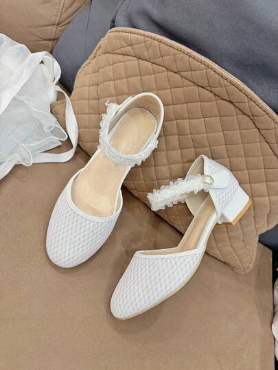 Cute New Princess Shoes For Teens, Mid-Heel, Shiny, Comfortable, Strap , Lace Trim, Faux Pearl Decor, Suitable For All Seasons, Students, Formal Events, Parties, Formal Wear