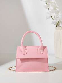 Glossy Patent Leather Chain Strap Handbag - Pink - View 7