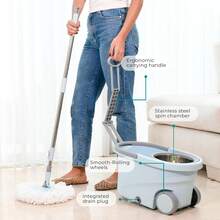 Spin Mop And Bucket With Wheels Wringer 360 Microfiber Mop With Stainless Steel Handle Self Wringing Cleaning System Bucket With Drain For Tile Hardwood Laminate Floors Includes 6 Mop Head Refills - 彩色 - 查看 2