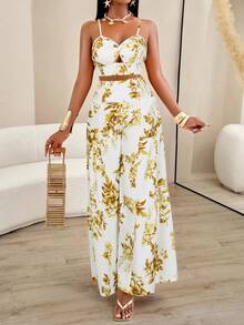 AIJ 2 piezas Conjunto de top de tirantes retorcido y pantalones anchos plisados de verano para mujer - Flores amarillas sobre fondo blanco - Ver 5