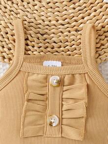 2pcs Baby Girls Countryside Style Khaki Suspender Bodysuit + Shorts Set, Lightweight Summer - Camel - View 4