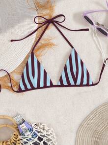 2026春夏新款条纹印花派对性感比基尼上衣；夏季沙滩系带D领女士泳装两件套，带胸包，适合度假穿着 - 藍棕色 - 查看 2