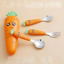 1 Set 304 Stainless Steel Cutlery, Fork And Spoon, Creative Cartoon Carrot Design Tableware - Multicolor - View 4