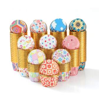 50个波西米亚风金色镶边圆形纸杯蛋糕衬垫，一次性耐热烘焙松饼杯