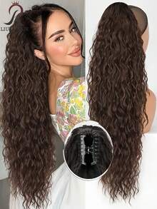 Elegant 30 Inch Curly Wave Clip Style Ponytail Hair Piece, Suitable For Both Men And Women's Synthetic Hair Accessories, Seamlessly Connected Invisibly, With Rich Layering - Coffee Brown - View 2